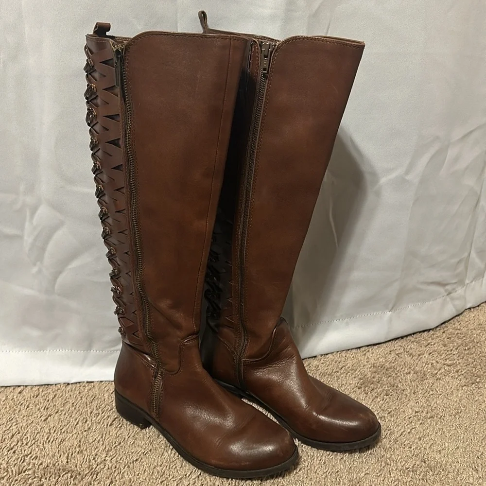 Gianni Bini Picard Lattice Back Brown Knee High Boots Size 6.5M